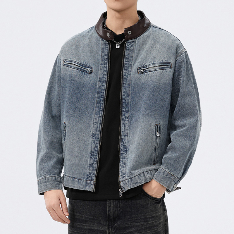 Stand Leather Collar Denim Jac - Coat Rack Standing 评论和价格